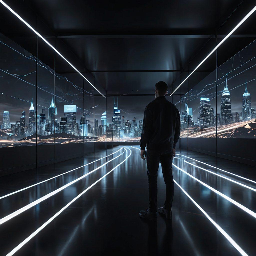 A vibrant transformation scene depicting a person transitioning from a shadowy, sad landscape to a bright, interconnected network of glowing nodes symbolizing RCS technology. With contrasting dark and light colors, the foreground shows emotions evolving into solutions, and the background features futuristic cityscapes connected by energetic lines. super-realistic. vibrant colors. 3D.