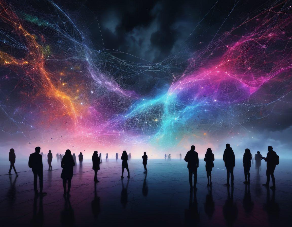 An abstract representation of a network intertwined with dark clouds symbolizing gloom, while vibrant beams of light representing RCS technology pierce through, illuminating pathways of connections. Include figures of people communicating joyfully amidst the gloom, showcasing the transformation of networking through technology. Reflect a digital aesthetic with a modern feel. vibrant colors. abstract art. digital illustration.