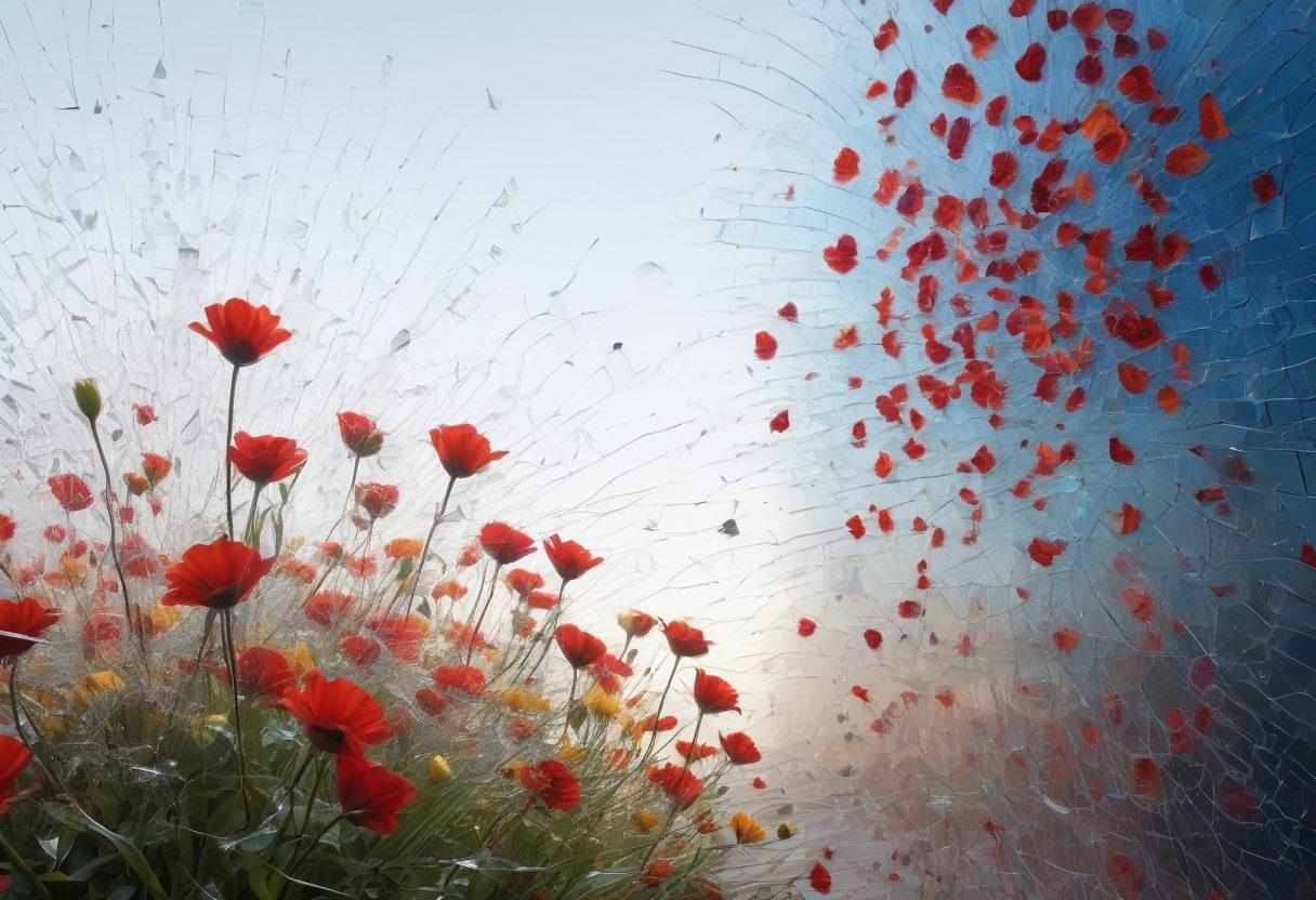 A shattered glass wall symbolizing breaking through feelings of melancholy, with vibrant flowers emerging from the cracks to represent hope and communication. In the background, abstract shapes illustrate digital communication elements, like chat bubbles and connected lines. The overall mood should be uplifting, with a contrast between dark hues and bright, lively colors. super-realistic. vibrant colors. white background.